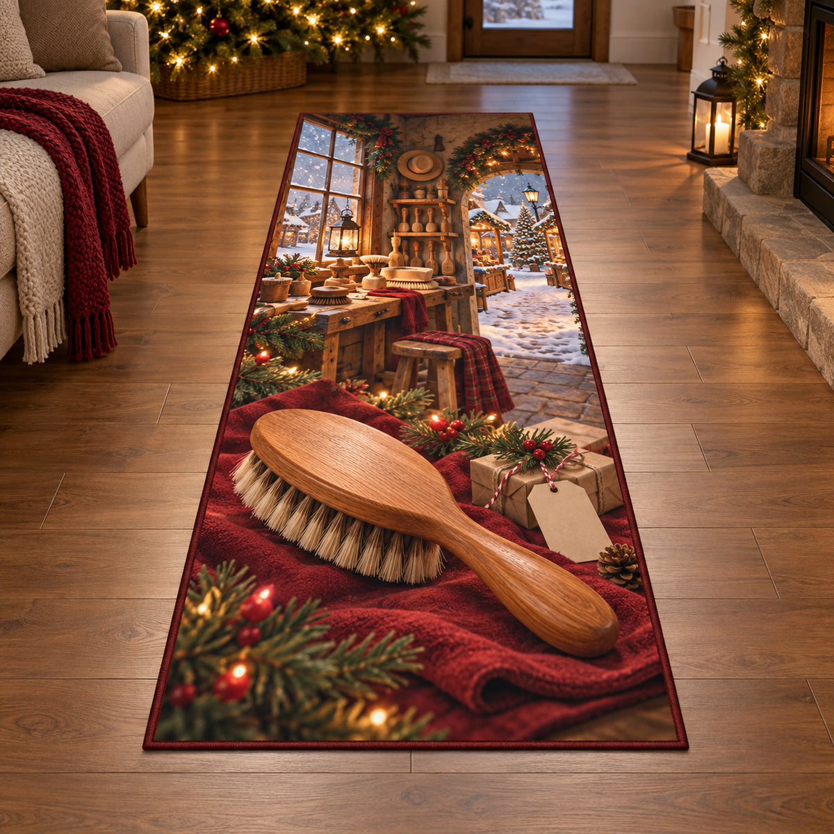 Christmas Hat Brush Maker Warm Welcome Runner Rug flat printed mat in matching Christmas setting