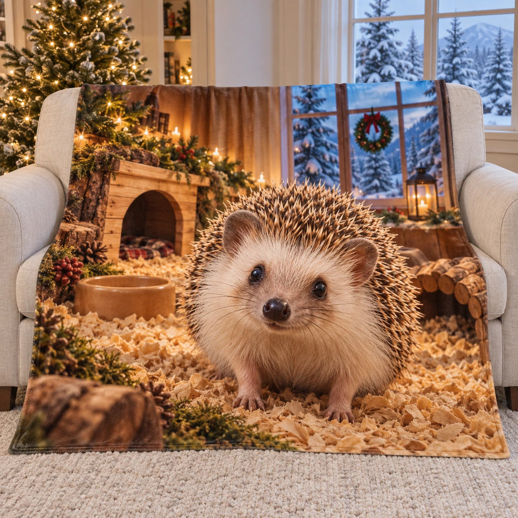 Christmas Hedgehog Fleece Throw Blanket with layered printed depth and niche-specific Christmas background