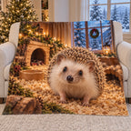 Christmas Hedgehog Fleece Throw Blanket with layered printed depth and niche-specific Christmas background
