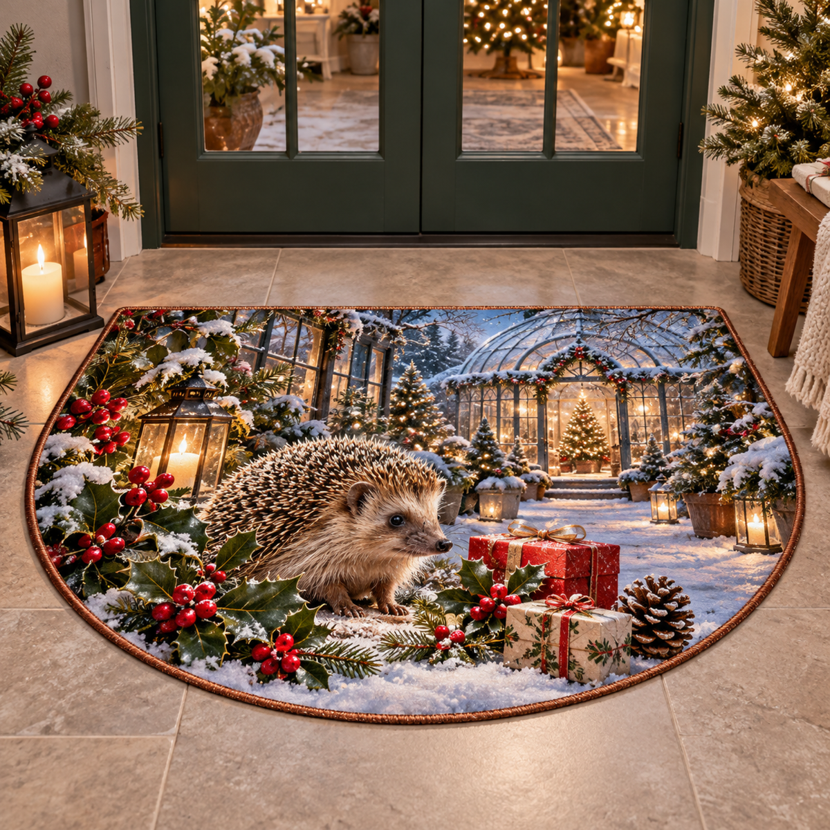 Christmas Hedgehog Holly Snow Greenhouse Semicircle Mat flat printed mat in matching Christmas setting