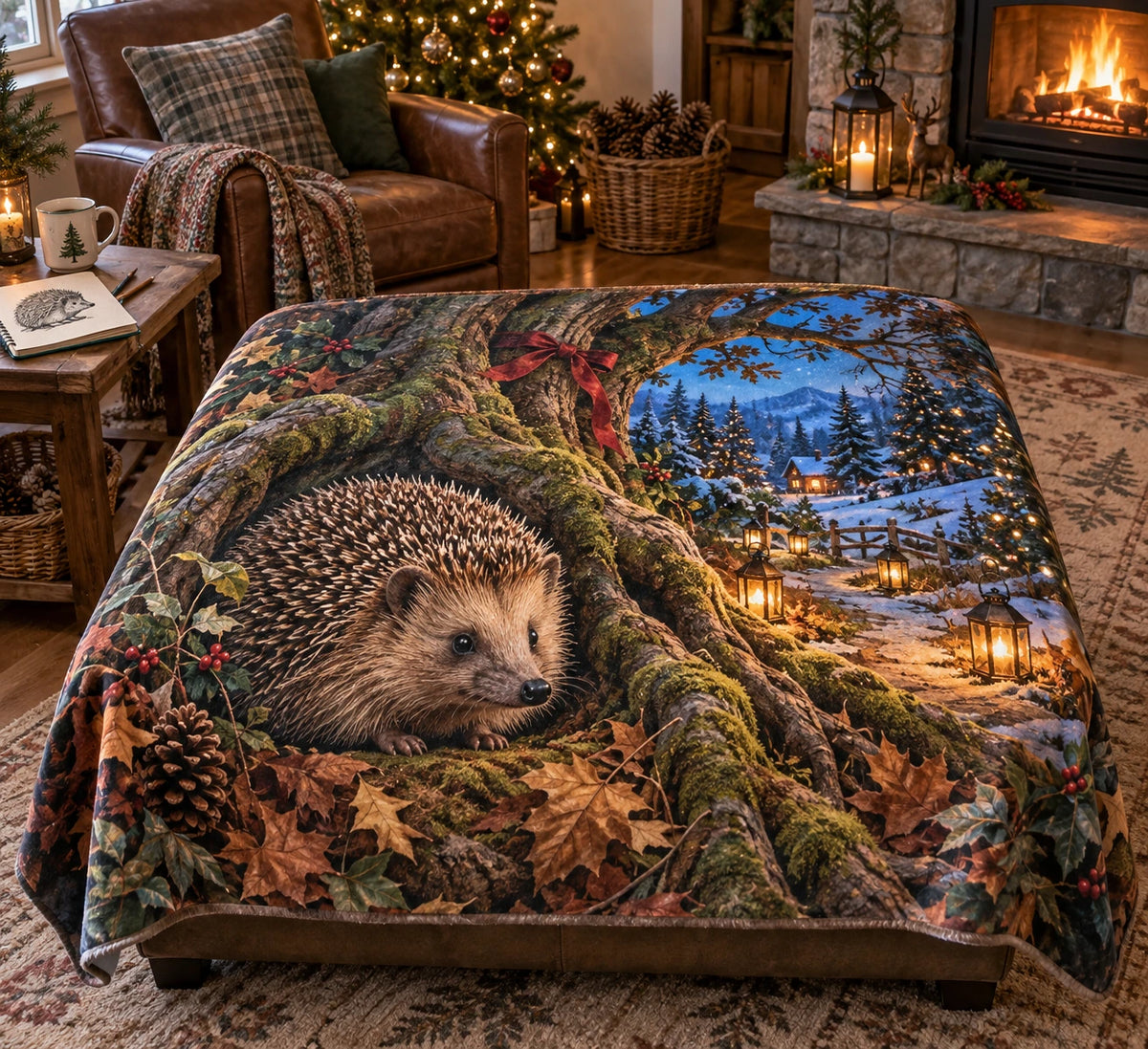 Christmas Hedgehog Nook Fleece Throw Blanket with layered printed depth and niche-specific Christmas background