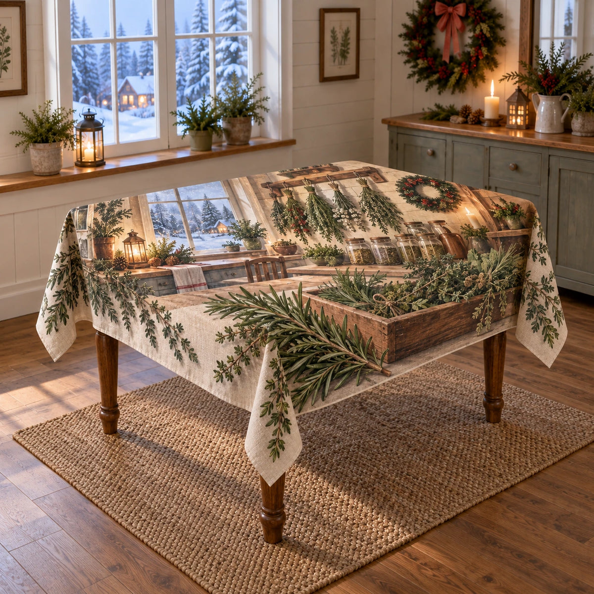 Christmas Herb Garden Tablecloth with layered printed depth and niche-specific Christmas background