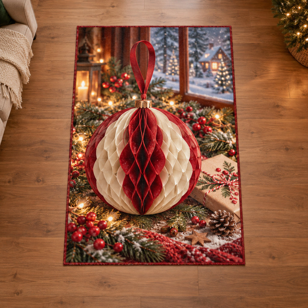 Christmas Honeycomb Family Making Area Rug flat printed mat in matching Christmas setting