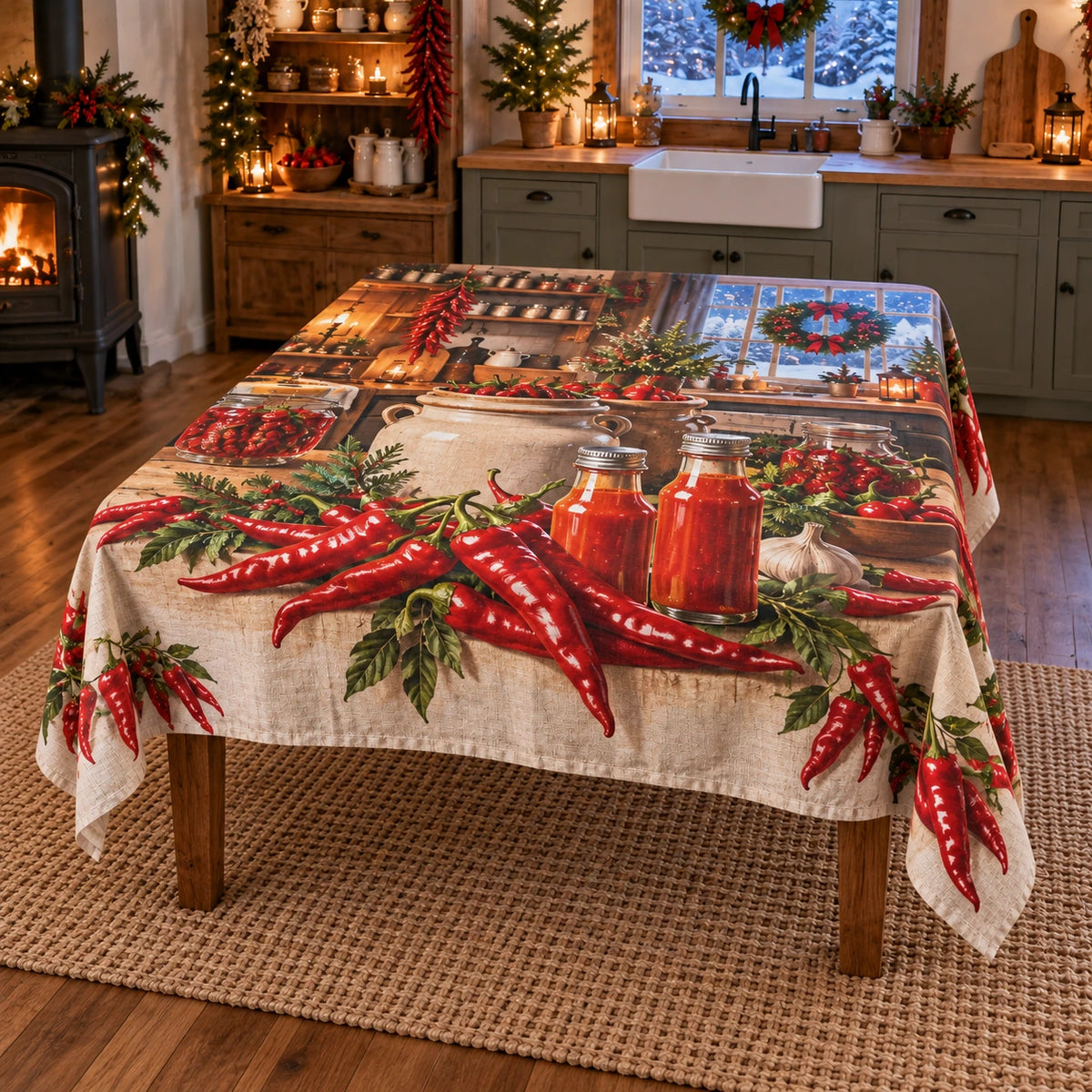 Christmas Hot Sauce Kitchen Tablecloth with layered printed depth and niche-specific Christmas background