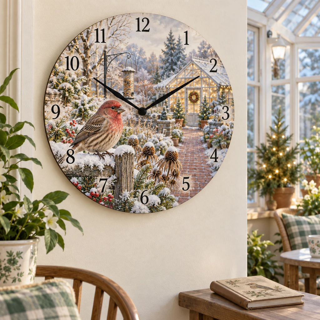 Christmas House Finch Wooden Wall Clock with layered printed depth and niche-specific Christmas background