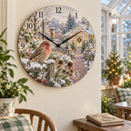 Christmas House Finch Wooden Wall Clock with layered printed depth and niche-specific Christmas background