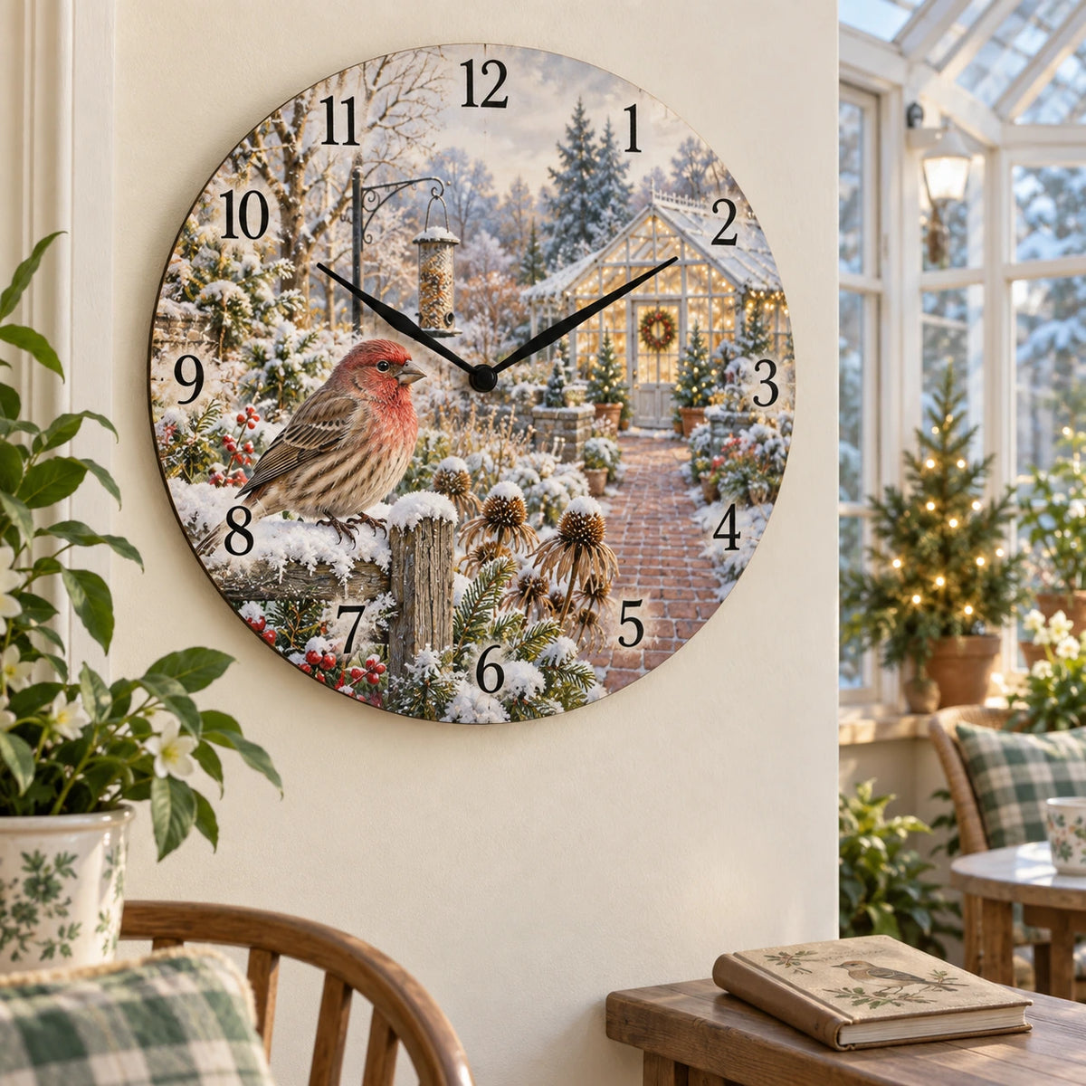 Christmas House Finch Wooden Wall Clock with layered printed depth and niche-specific Christmas background