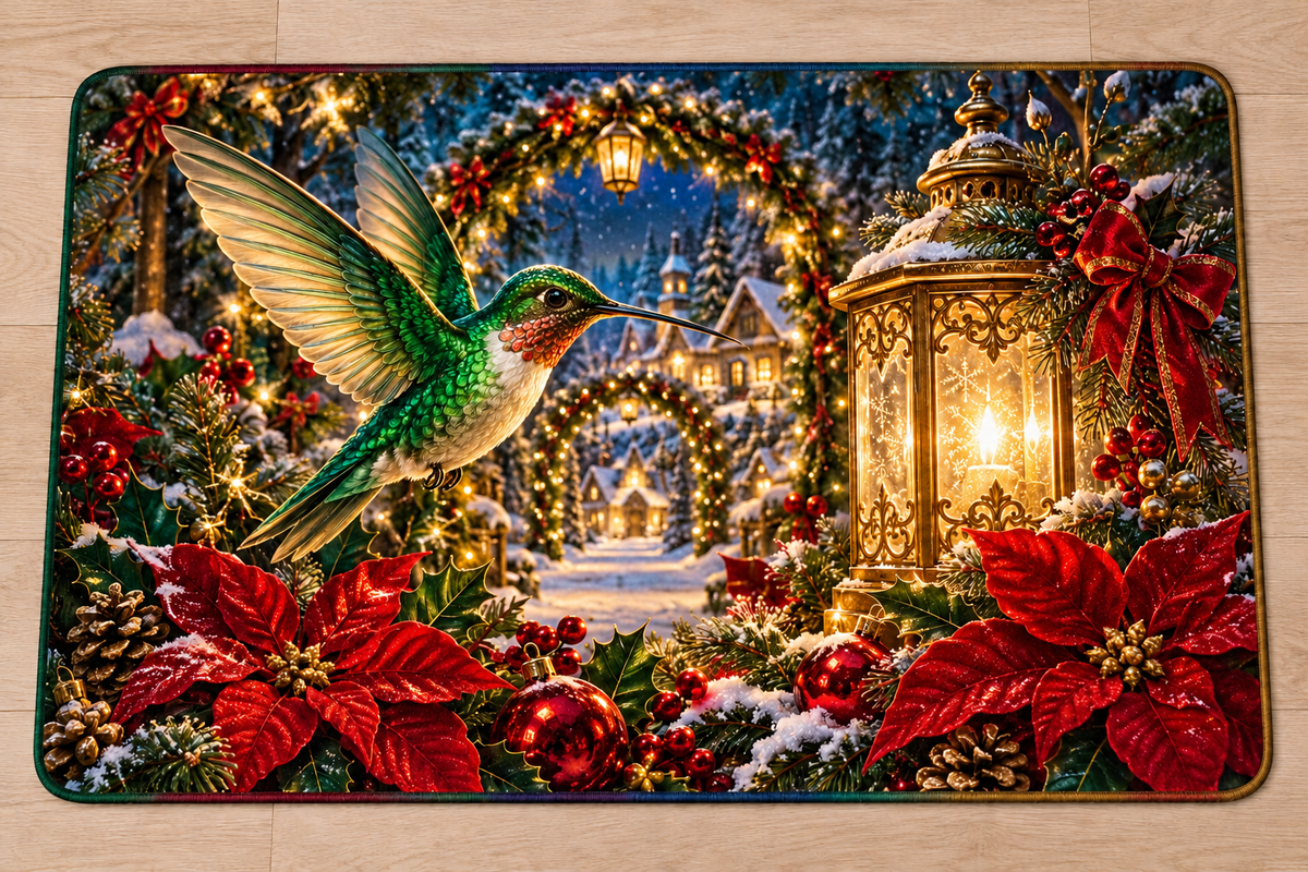 Emerald hummingbird beside a golden Christmas lantern, red poinsettias and snowy cottage arches, printed optical depth with coordinated edge colors on a flat doormat