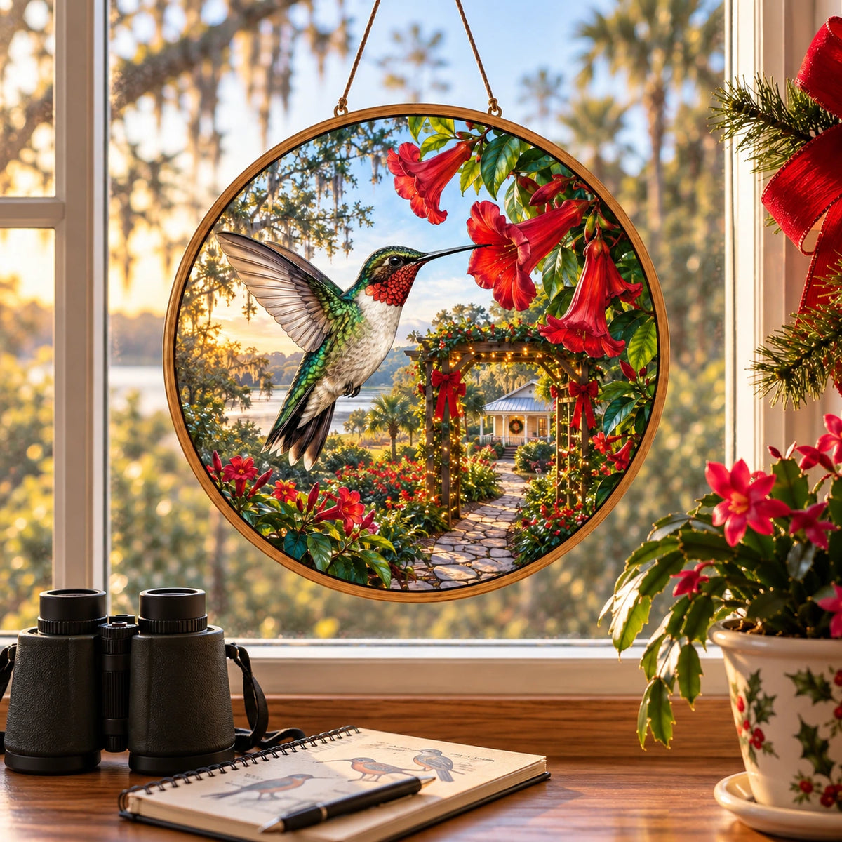 Christmas Hummingbird Wood and Acrylic Suncatcher with layered printed depth and niche-specific Christmas background