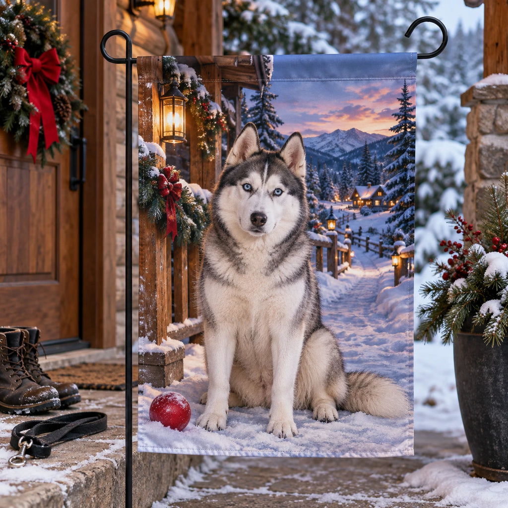 Christmas Husky Snow Lodge Garden Flag with layered printed depth and niche-specific Christmas background