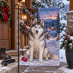 Christmas Husky Snow Lodge Garden Flag with layered printed depth and niche-specific Christmas background