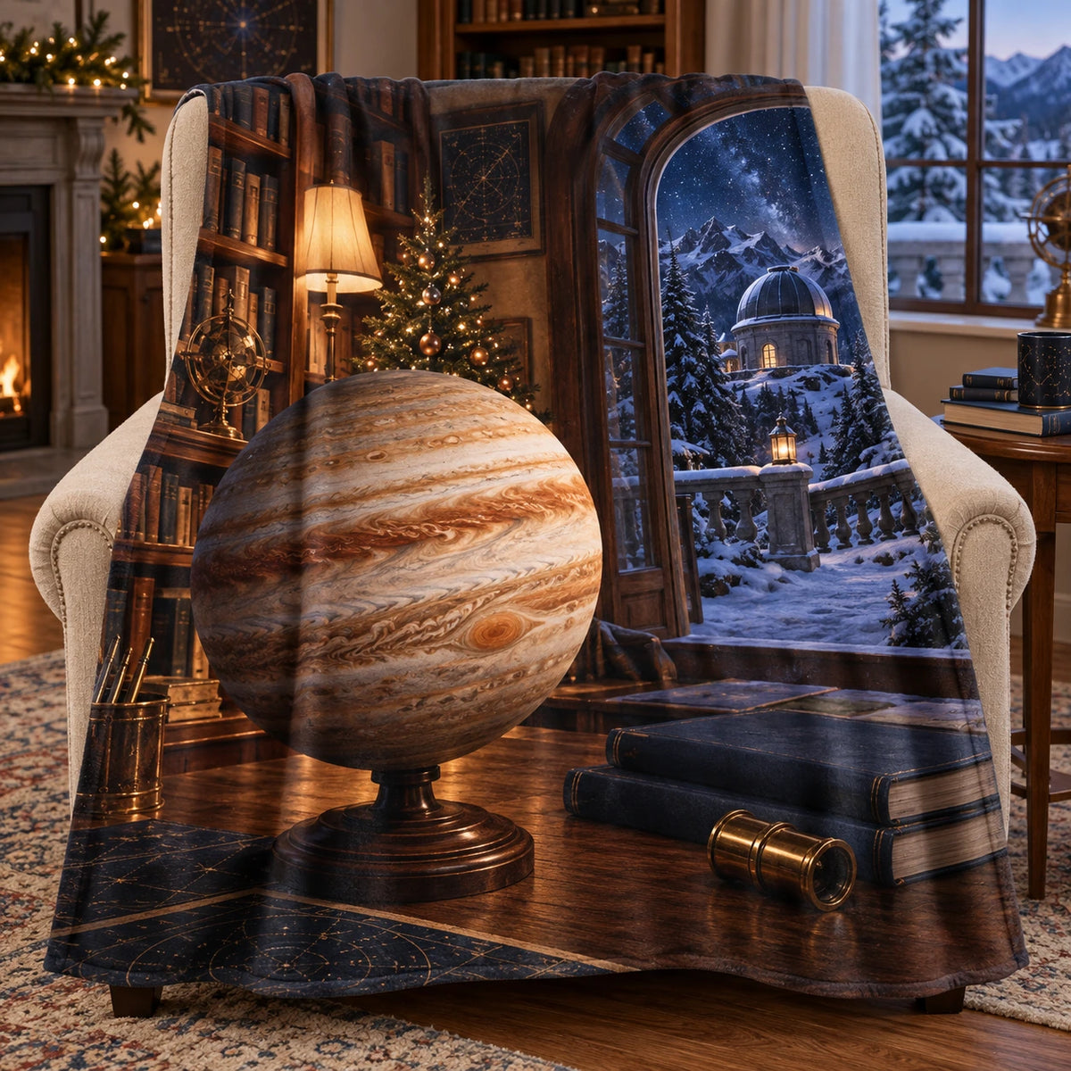Christmas Jupiter Study Fleece Throw Blanket with layered printed depth and niche-specific Christmas background