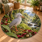 Kagu Christmas artwork and layered woodland scenery printed on a flat round mat rug; festive details and apparent relief are printed.