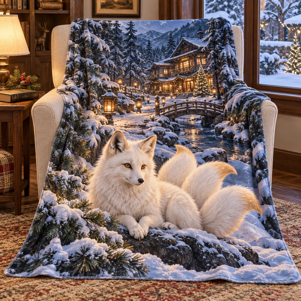 Christmas Kitsune Lantern Fleece Throw Blanket with layered printed depth and niche-specific Christmas background