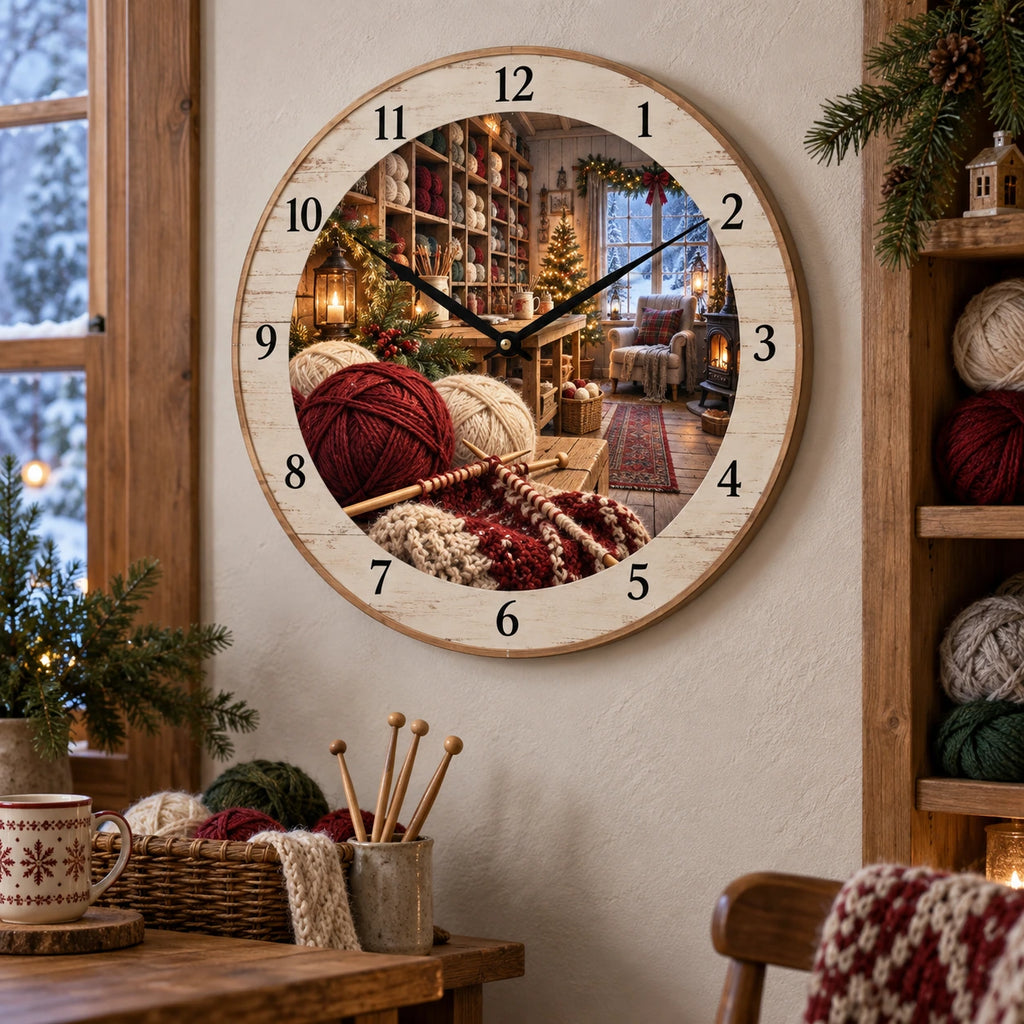 Christmas Knitting Studio Wooden Wall Clock with layered printed depth and niche-specific Christmas background