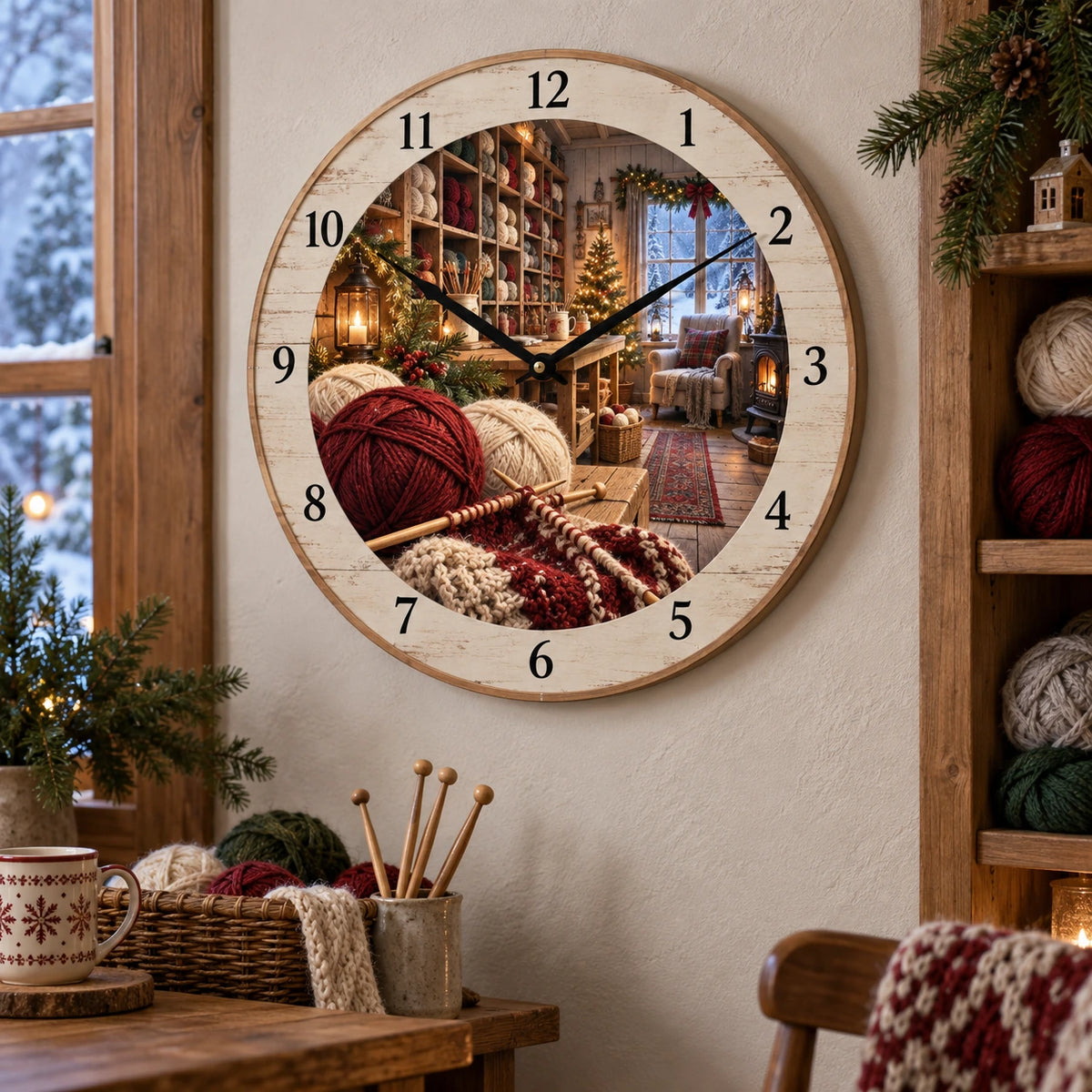 Christmas Knitting Studio Wooden Wall Clock with layered printed depth and niche-specific Christmas background