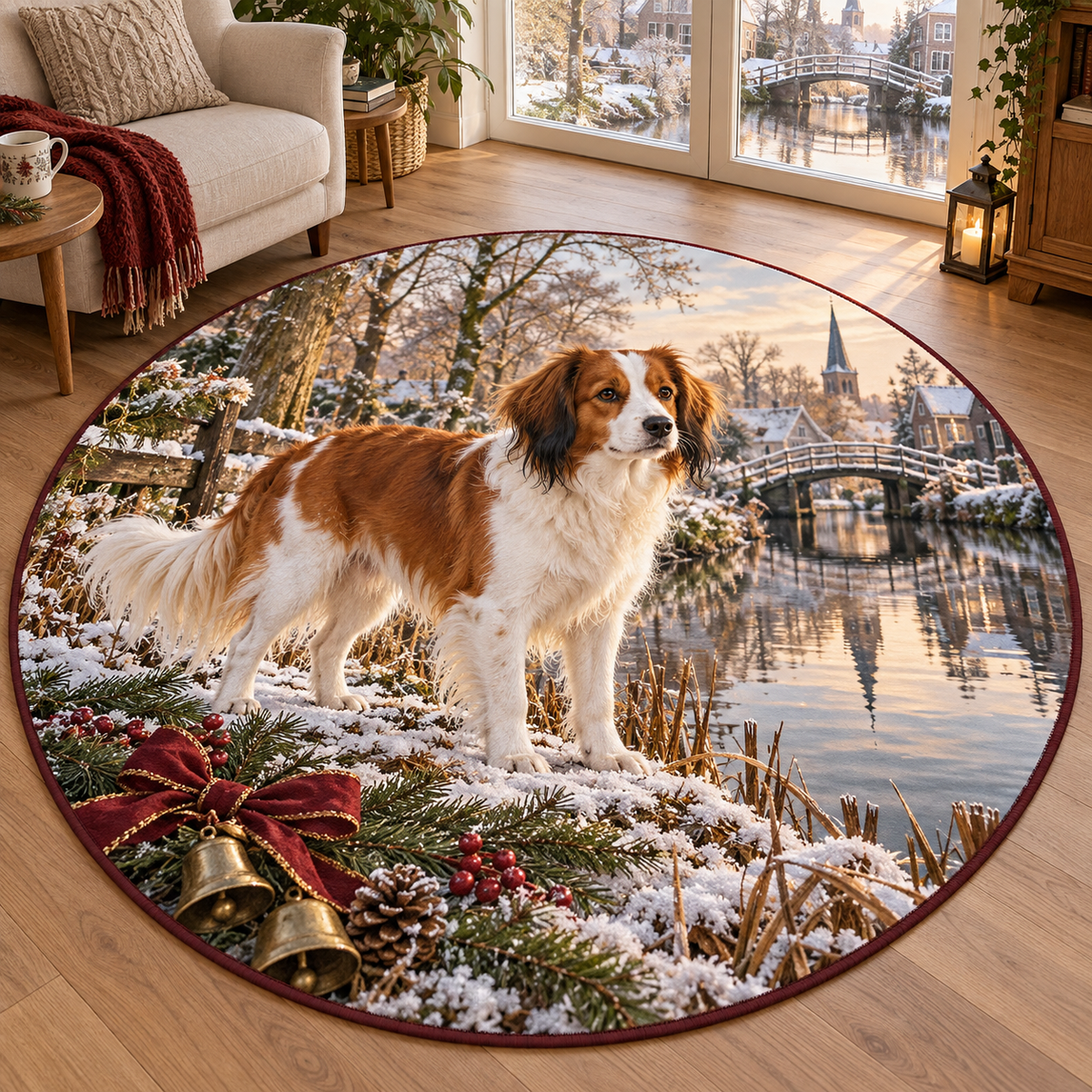 Kooikerhondje Christmas artwork and layered woodland scenery printed on a flat round mat rug; festive details and apparent relief are printed.