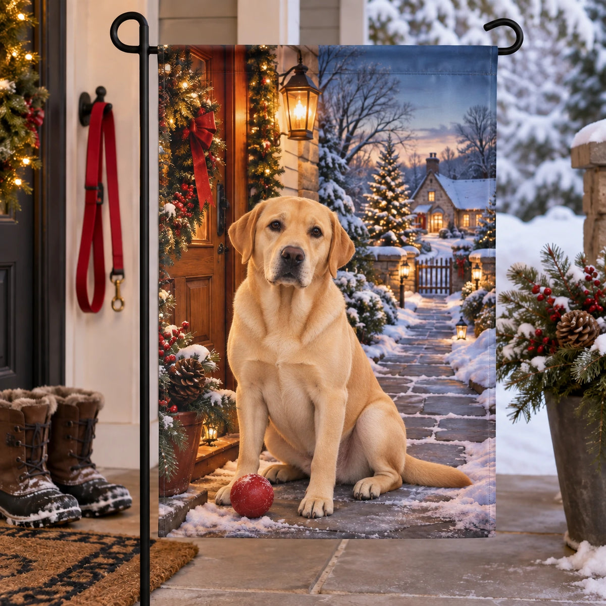 Christmas Labrador Porch Garden Flag with layered printed depth and niche-specific Christmas background
