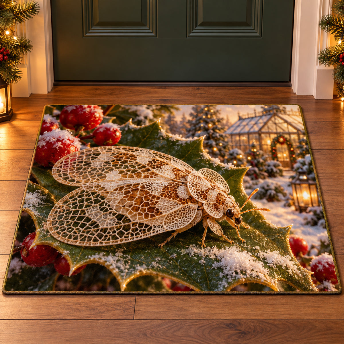 Christmas Lace Bug Leaf Lantern Doormat flat printed mat in matching Christmas setting
