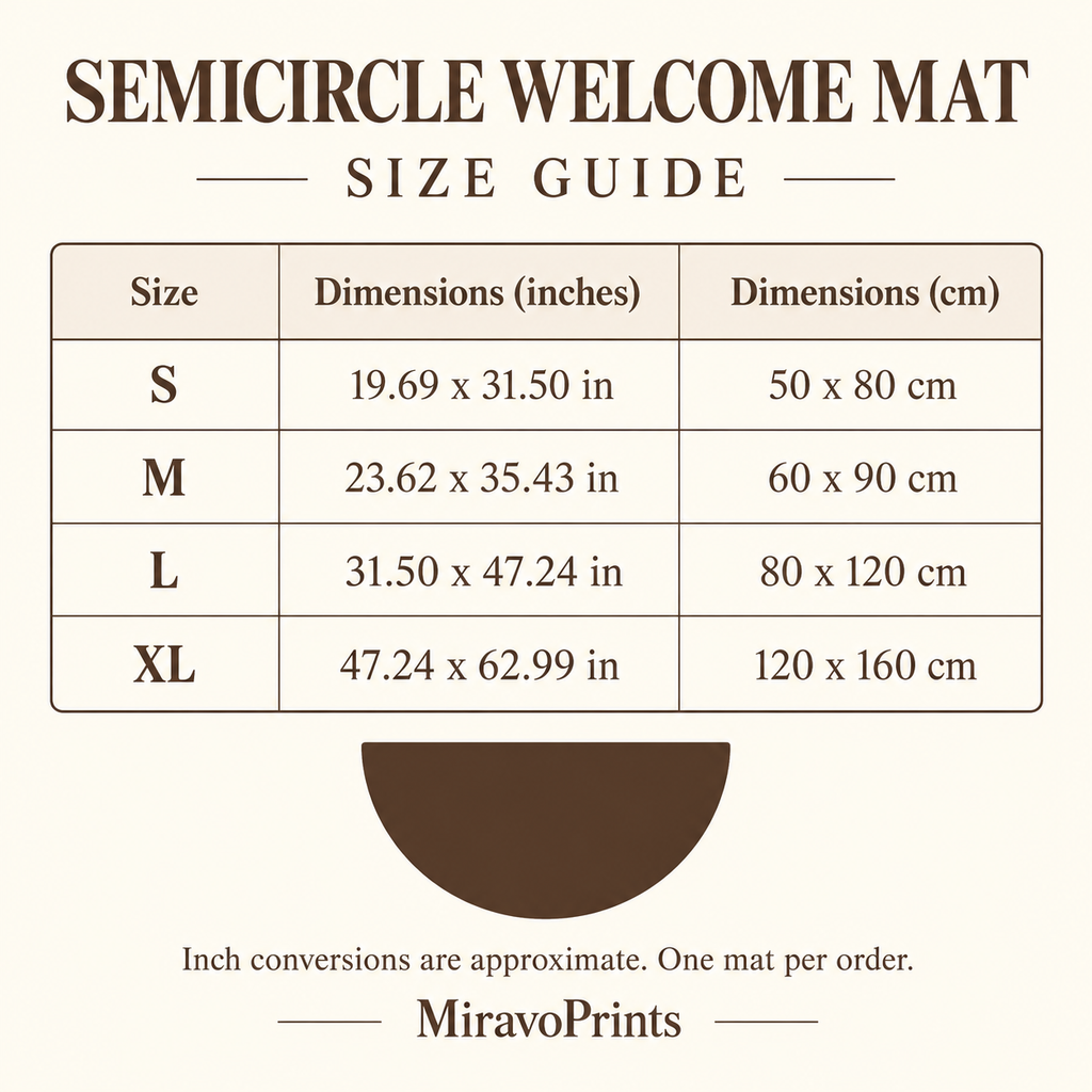 Semicircle welcome mat four-size guide in inches and centimeters