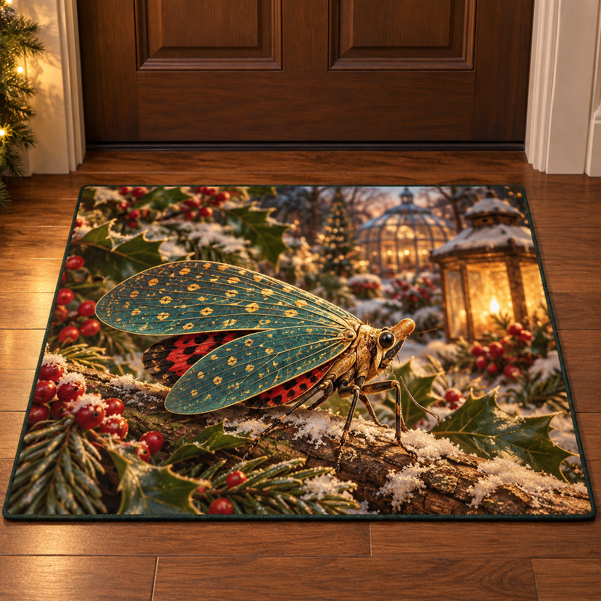 Christmas Lanternfly Leaf Lantern Doormat flat printed mat in matching Christmas setting