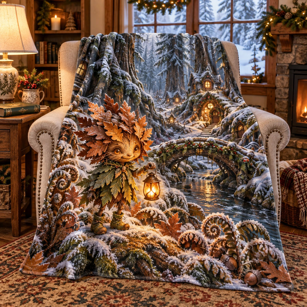 Christmas Leaf Sprite Fleece Throw Blanket with layered printed depth and niche-specific Christmas background