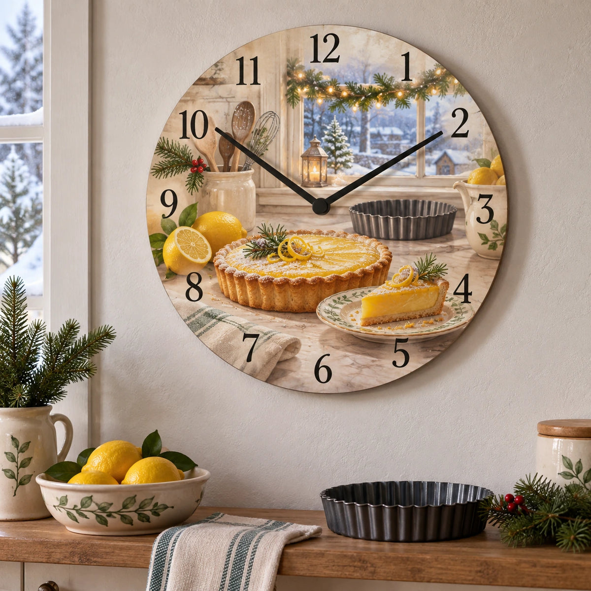 Christmas Lemon Tart Wooden Wall Clock with layered printed depth and niche-specific Christmas background
