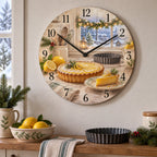 Christmas Lemon Tart Wooden Wall Clock with layered printed depth and niche-specific Christmas background