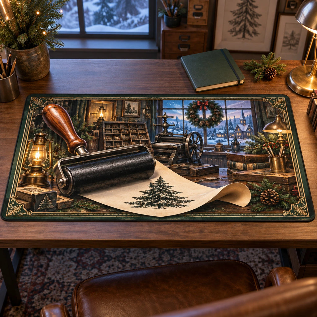Christmas Letterpress Studio Desk Mat with layered printed depth and niche-specific Christmas background