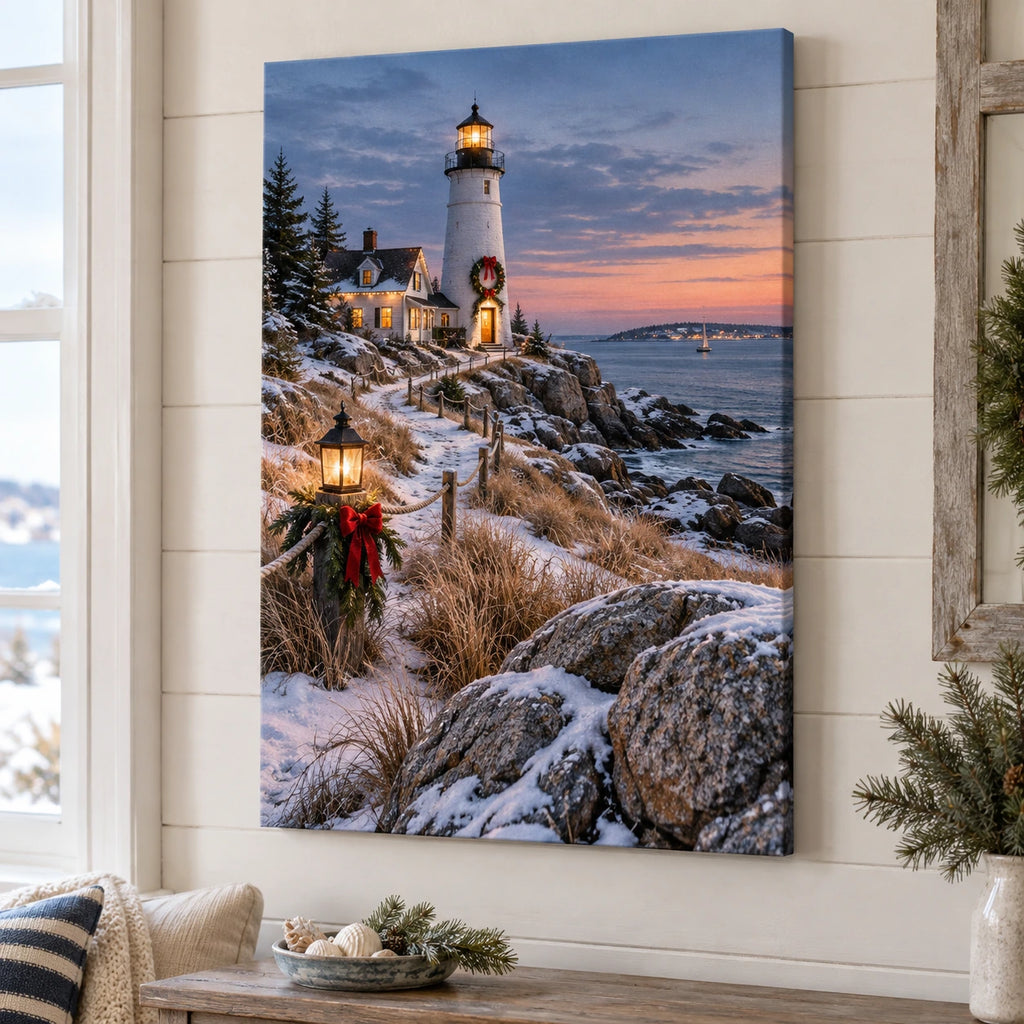 Christmas Lighthouse Stretched Canvas Wall Art with layered printed depth and niche-specific Christmas background