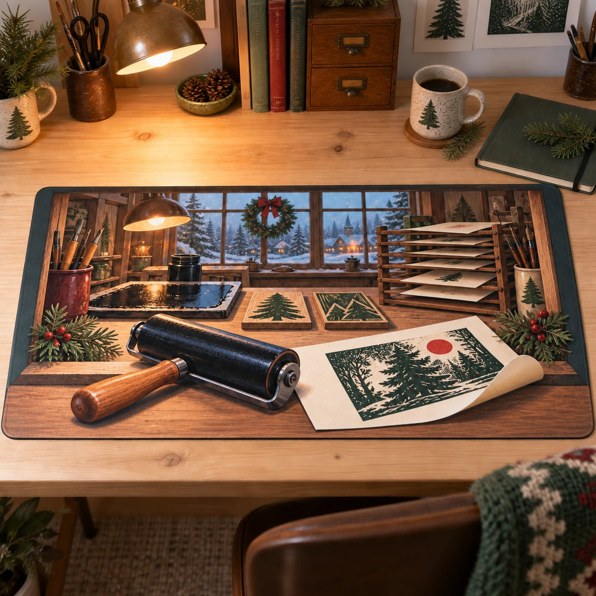 Christmas Linocut Printmaker Desk Mat with layered printed depth and niche-specific Christmas background