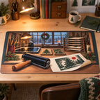 Christmas Linocut Printmaker Desk Mat with layered printed depth and niche-specific Christmas background