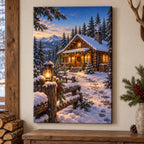 Christmas Log Cabin Stretched Canvas Wall Art with layered printed depth and niche-specific Christmas background