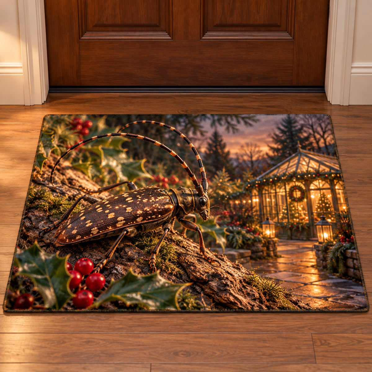 Christmas Longhorn Beetle Bark Lantern Doormat flat printed mat in matching Christmas setting