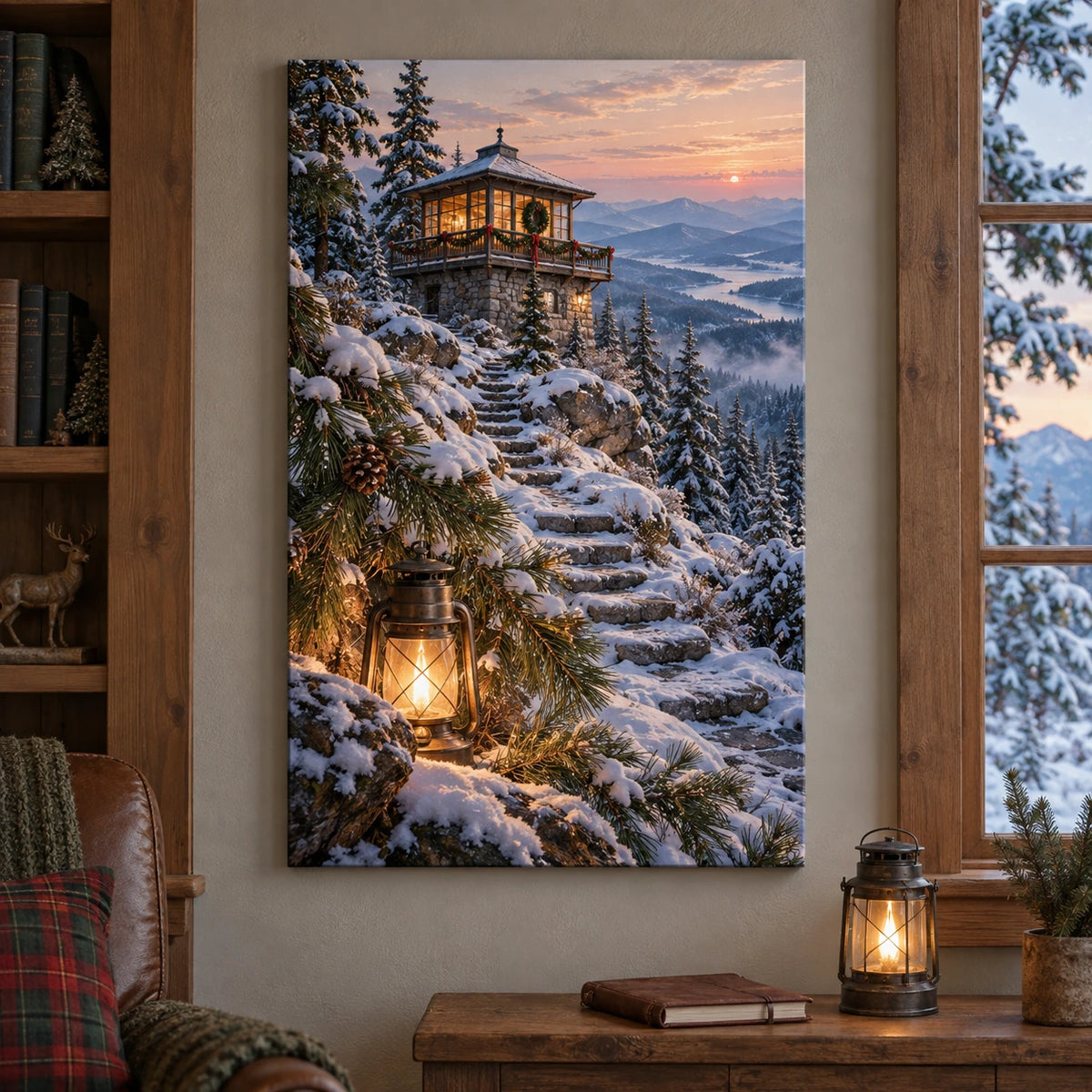 Christmas Lookout Tower Stretched Canvas Wall Art with layered printed depth and niche-specific Christmas background