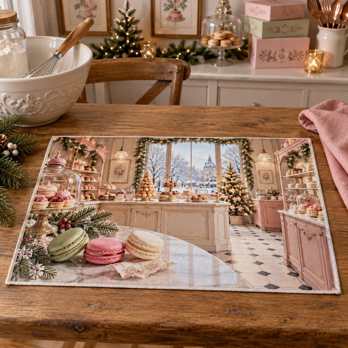 Christmas Macaron Patisserie Placemat with layered printed depth and niche-specific Christmas background