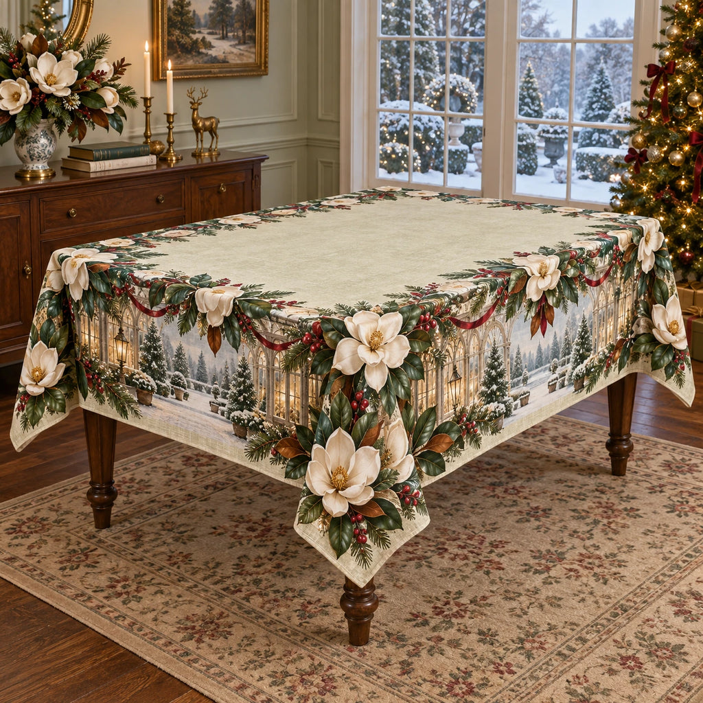 Christmas Magnolia Conservatory Tablecloth with layered printed depth and niche-specific Christmas background