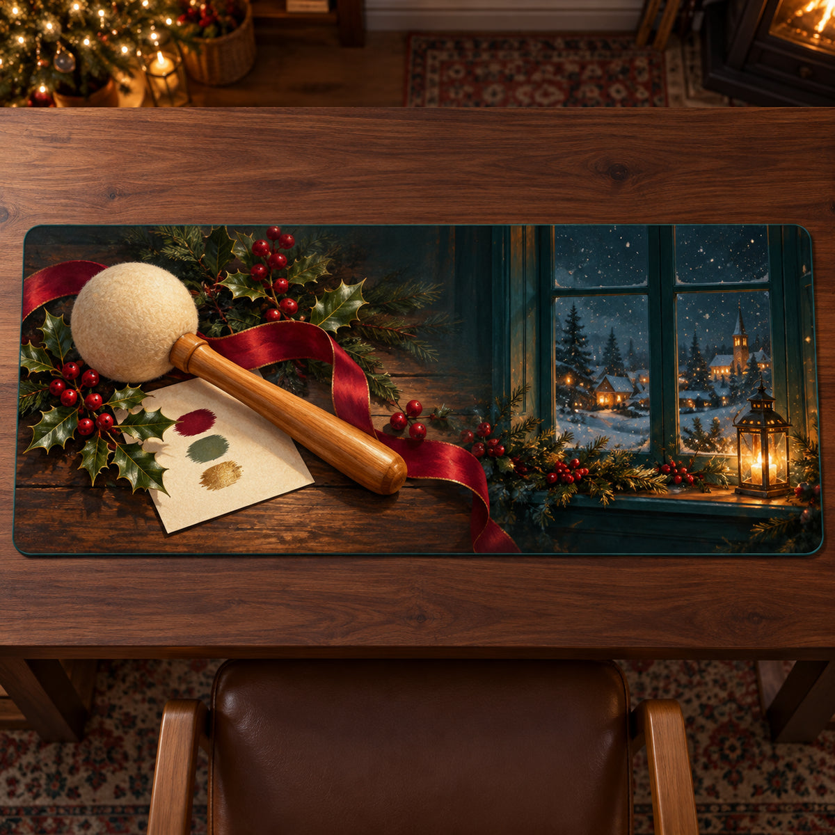 Christmas Mahl Stick Family Art Desk Mat flat printed mat in matching Christmas setting