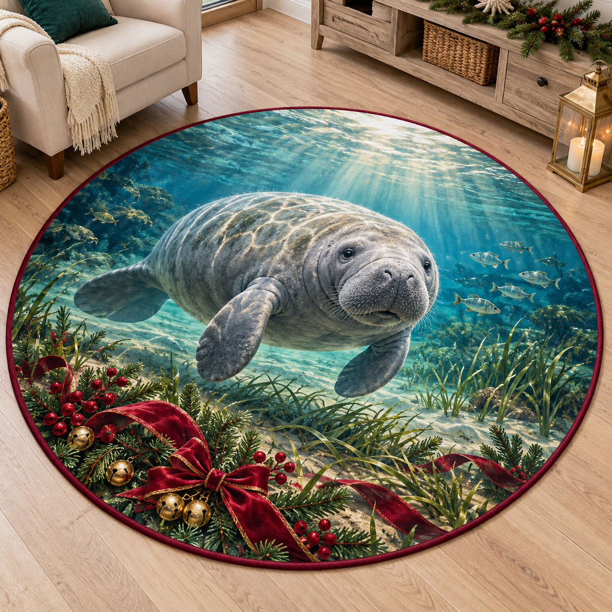 Manatee Christmas artwork and layered coastal scenery printed on a flat round mat rug; festive details and apparent relief are printed.