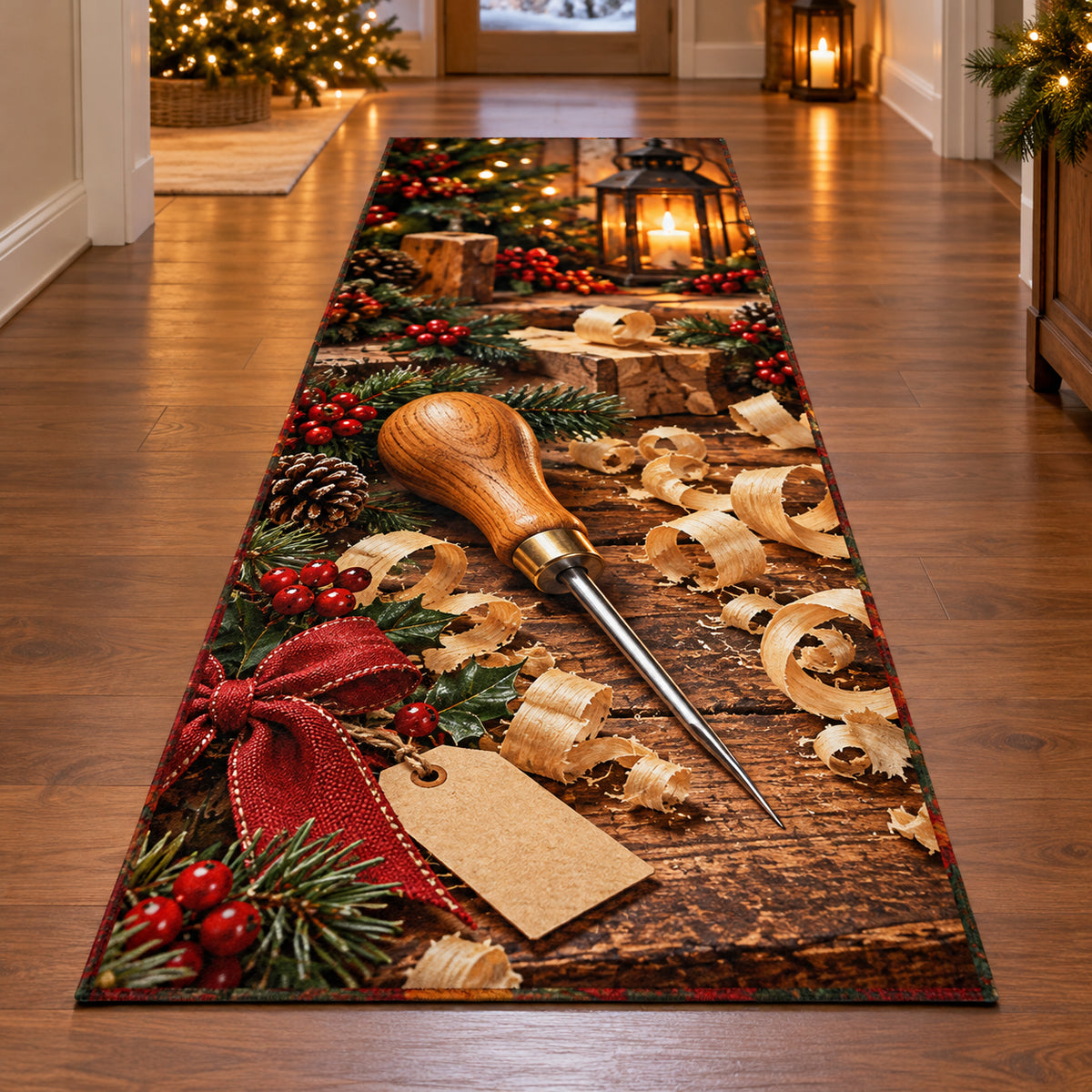 Christmas Marking Awl Family Craft Runner Rug flat printed mat in matching Christmas setting