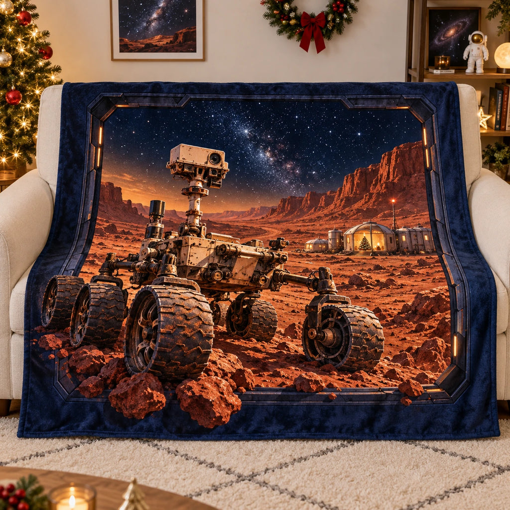 Christmas Mars Rover Fleece Throw Blanket with layered printed depth and niche-specific Christmas background