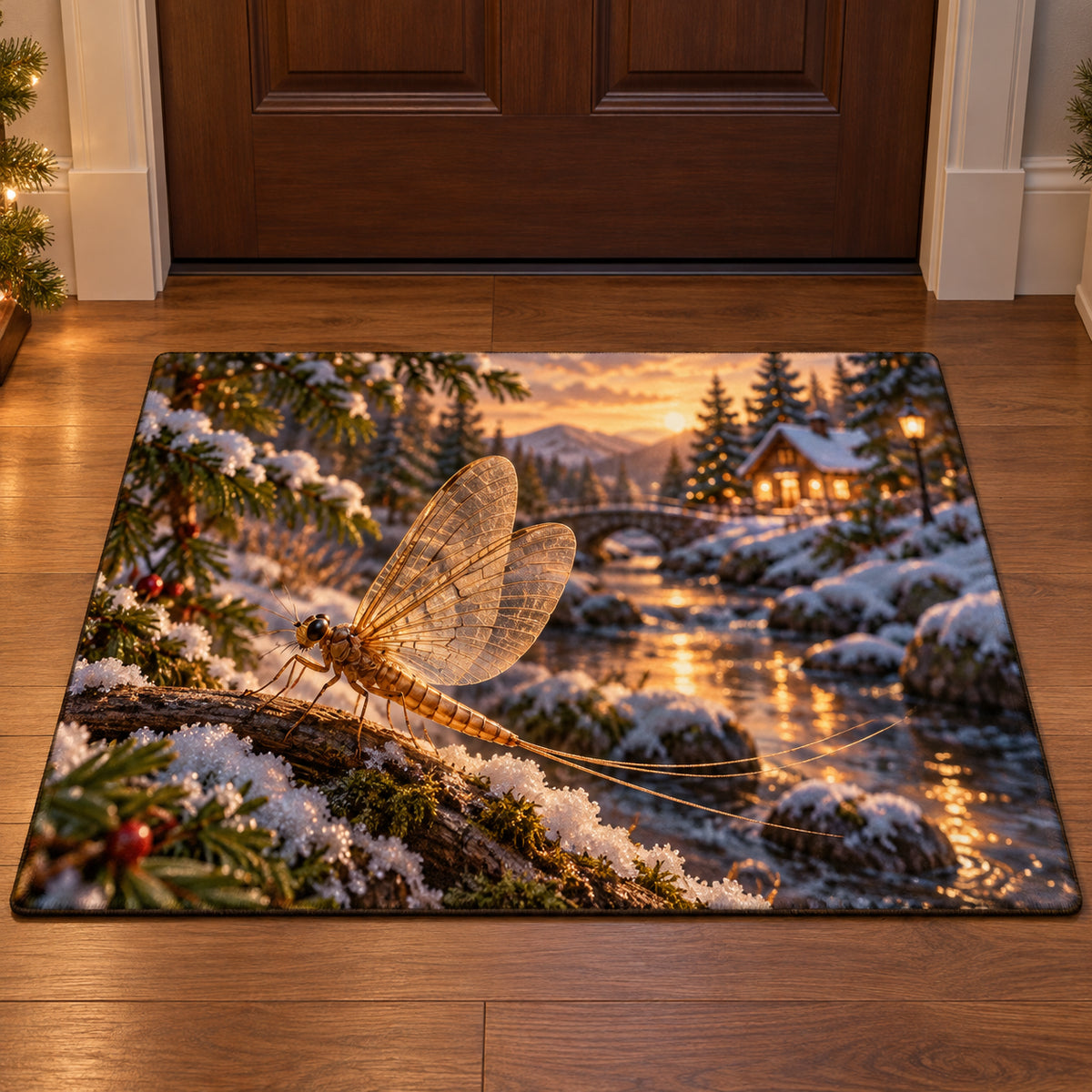 Christmas Mayfly Stream Lantern Doormat flat printed mat in matching Christmas setting