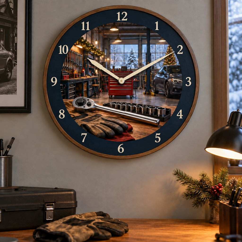 Christmas Mechanic Garage Wooden Wall Clock with layered printed depth and niche-specific Christmas background