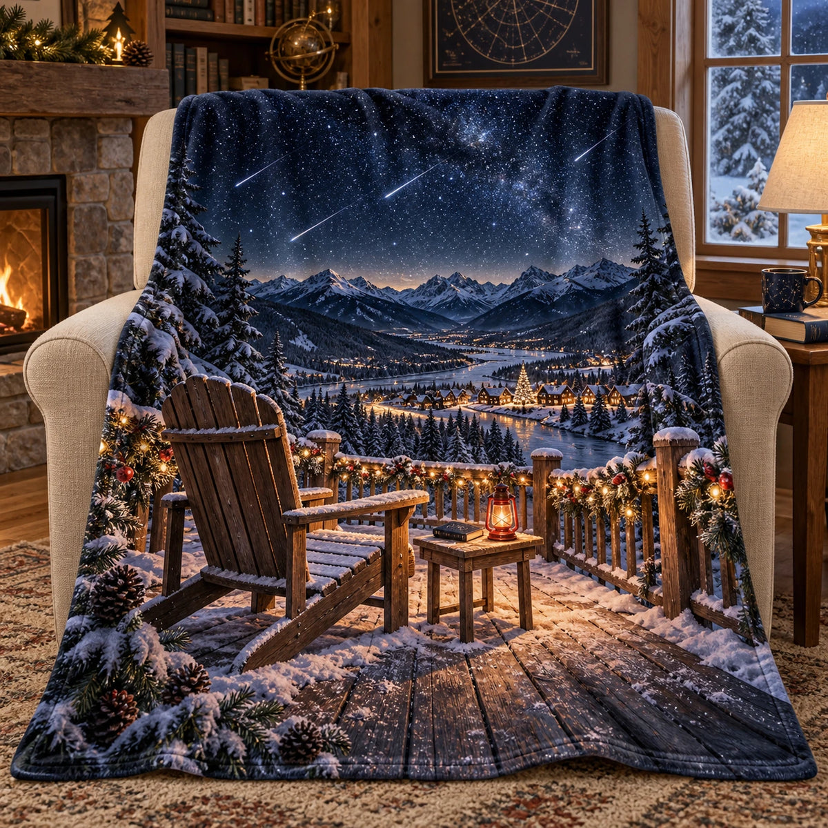 Christmas Meteor Watch Fleece Throw Blanket with layered printed depth and niche-specific Christmas background