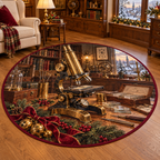 Microscope Workshop Christmas artwork and layered scenic details printed on a flat round mat rug; festive details and apparent relief are printed.