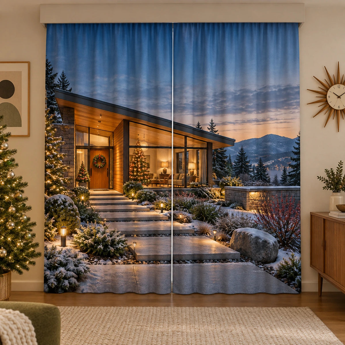 Christmas Midcentury Window Curtain Pair with layered printed depth and niche-specific Christmas background