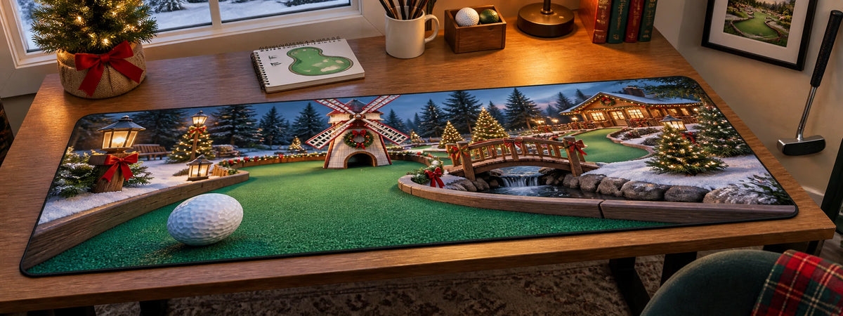 Christmas Mini Golf Village Desk Mat with layered printed depth and niche-specific Christmas background