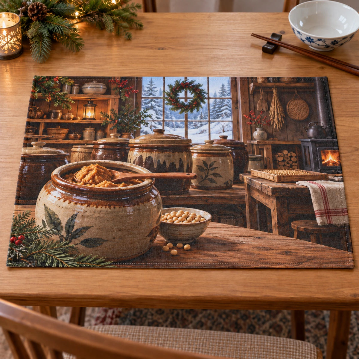 Christmas Miso Maker Linen Placemat with layered printed depth and niche-specific Christmas background