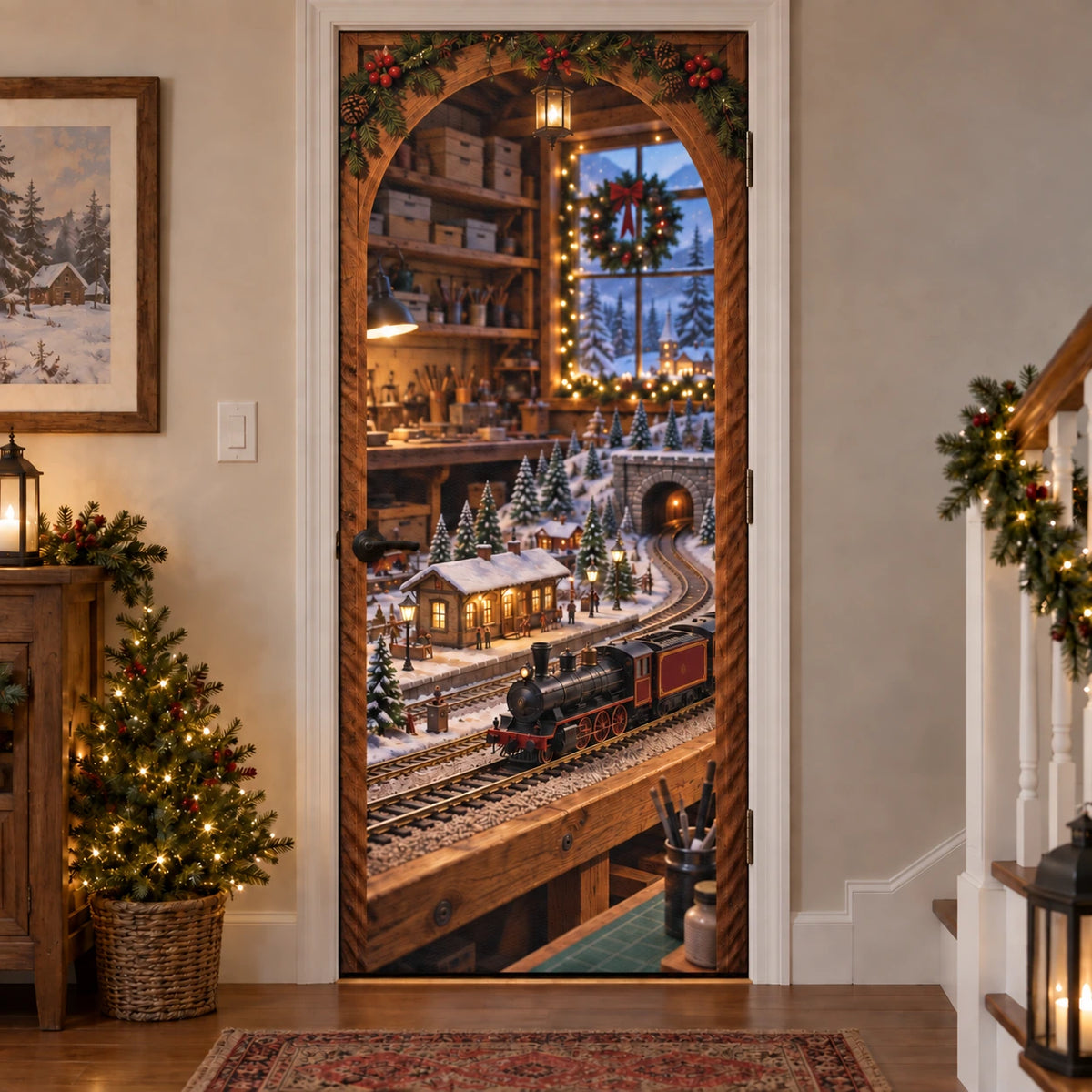 Christmas Model Railway Fabric Door Cover with layered printed depth and niche-specific Christmas background