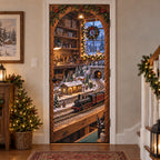 Christmas Model Railway Fabric Door Cover with layered printed depth and niche-specific Christmas background